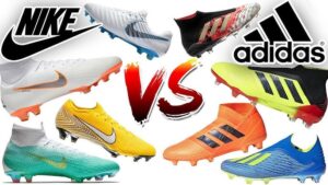 High-tech modern football boots from Nike and Adidas.