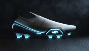 Futuristic football boots with smart technology integration.